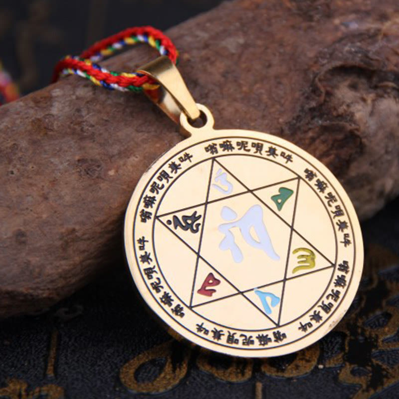 Wear FengShui Colorful Om Mani Padme Hum Titanium Steel Protection Rope Necklace Pendant