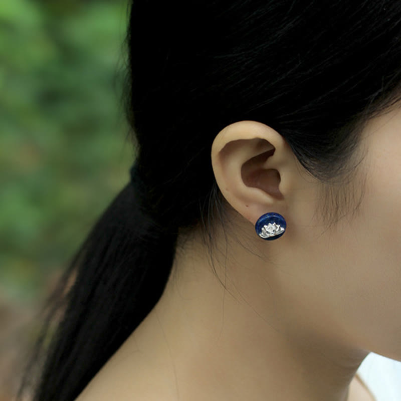 Wear FengShui Lazurite 925 Sterling Silver Lotus Pattern Enlightenment Earrings