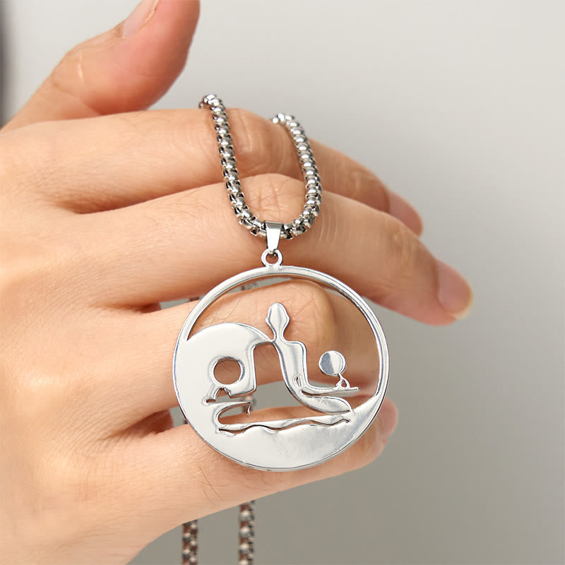 Wear FengShui Yin Yang Buddha Figure Hollow Design Stainless Steel Balance Necklace Pendant