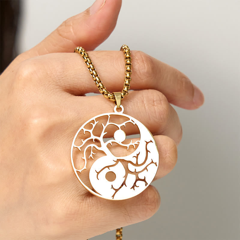 Wear FengShui Branches Hollow Yin Yang Design Stainless Steel Balance Necklace Pendant