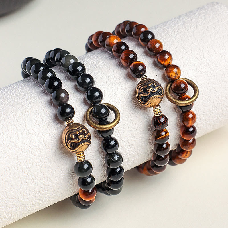 Wear FengShui Tibetan Black Obsidian Tiger Eye Copper Double Wrap Strength Bracelet