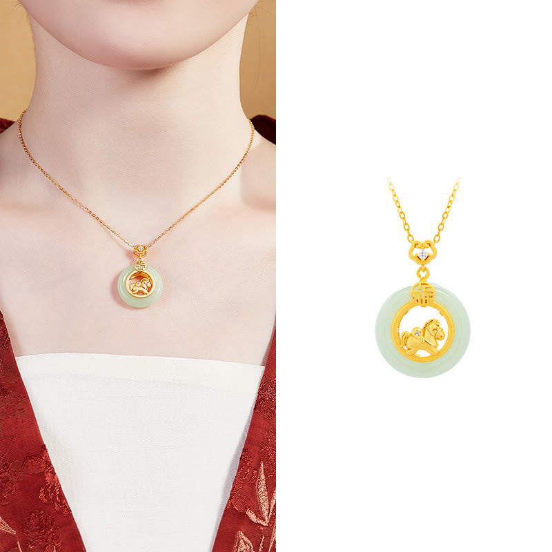 Wear FengShui 925 Sterling Silver Year Of The Horse Hetian Jade Peace Buckle Luck Necklace Pendant