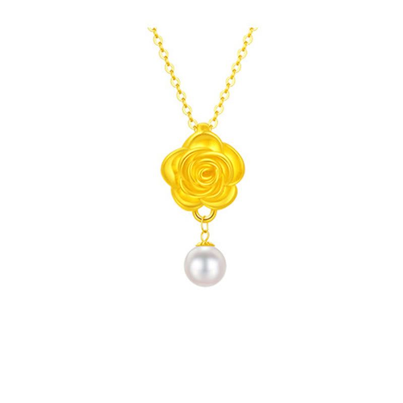 Wear FengShui 999 Sterling Silver Plated Gold Camellia Pearl Healing Necklace Pendant