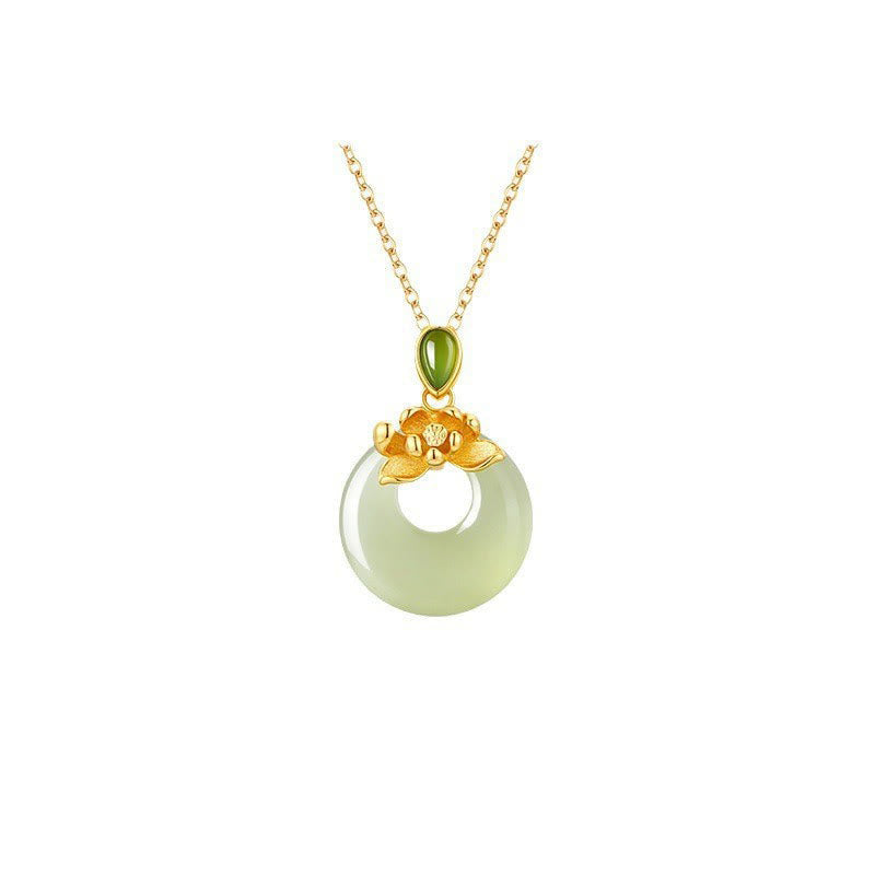 Wear FengShui 925 Sterling Silver Plated Gold Hetian Jade Lotus Luck Necklace Pendant