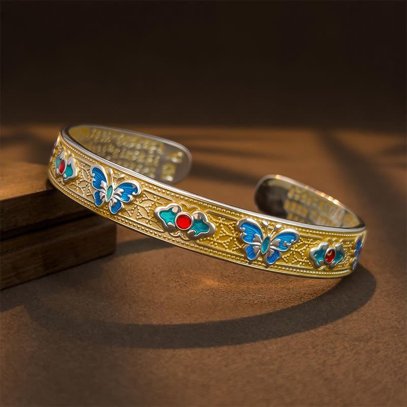 Wear FengShui Heart Sutra Butterfly Copper Enamel Healing Open Adjustable Bracelet Bangle