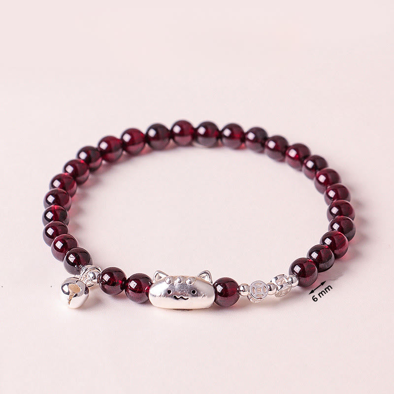 Wear FengShui 999 Sterling Silver Natural Cute Cat Head Garnet Protection Bead Bracelet