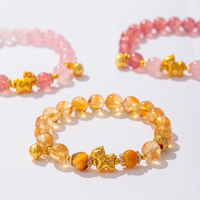 Wear FengShui Year Of The Horse 8mm Citrine Pink Crystal Strawberry Quartz Protection Bracelet