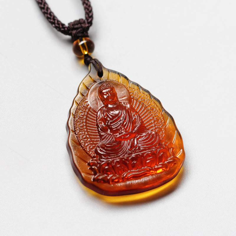Wear FengShui Liuli Crystal Chinese Zodiac Natal Buddha Protection Leaf Shape Necklace Pendant