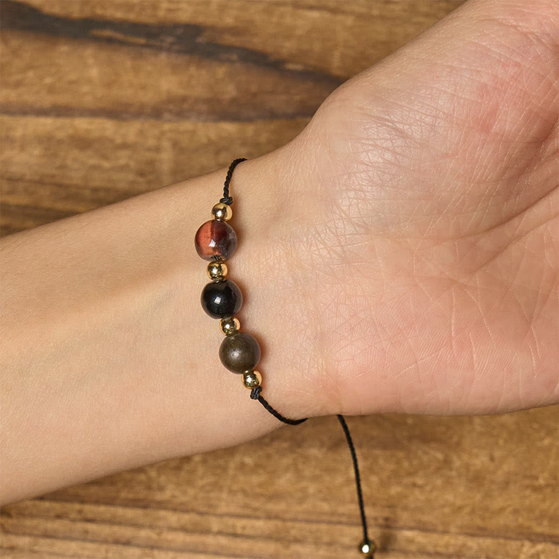 Wear FengShui Tiger Eye Black Tourmaline Pyrite Protection Card Rope Bracelet
