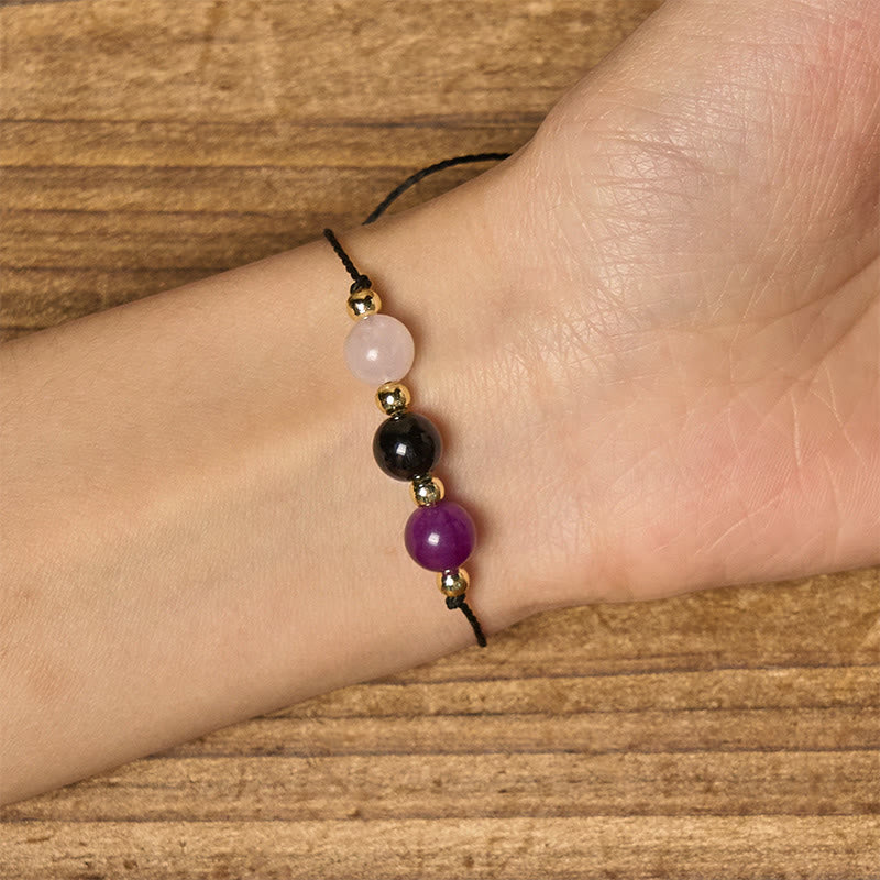 Wear FengShui Amethyst Black Tourmaline Rose Quartz Empath Card Rope Bracelet