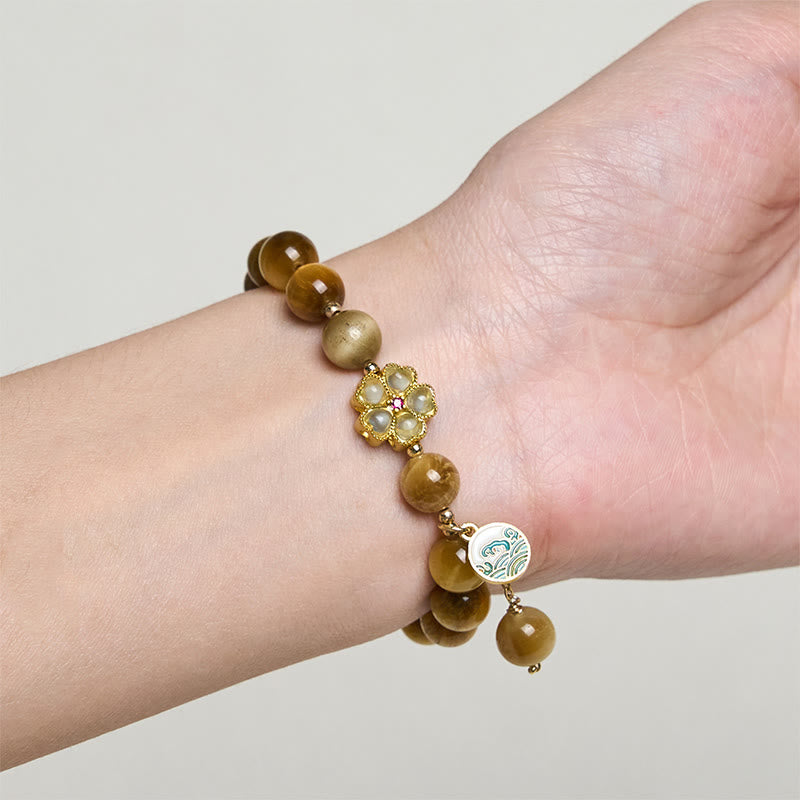 Wear FengShui Natural Golden Tiger Eye Bell Flower Courage Bracelet