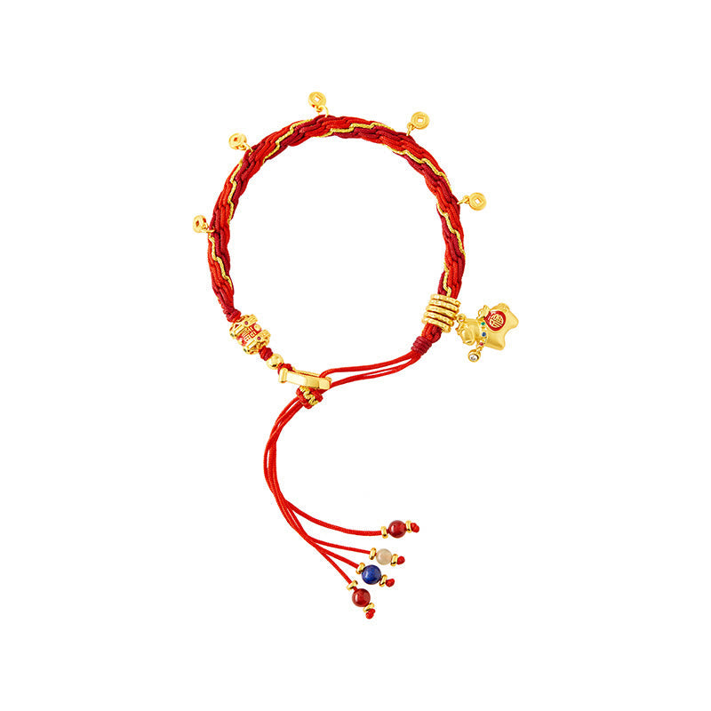 Wear FengShui Copper Plated 18k Gold Year Of The Horse Fu Character Red String Luck Braided Bracelet