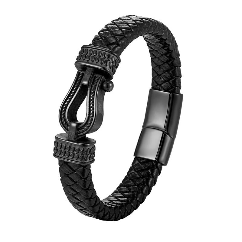 Wear FengShui Leather horseshoe-Shaped Titanium Steel Balance Braided Magnetic Buckle Bracelet
