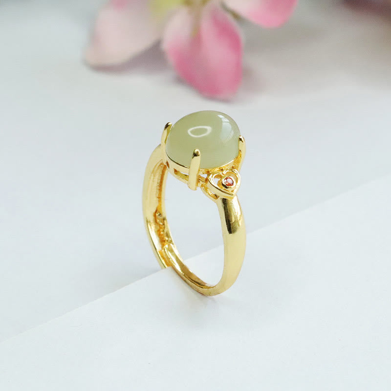 Wear FengShui Natural Hetian Jade Egg Heart-shaped Copper Luck Open Ring