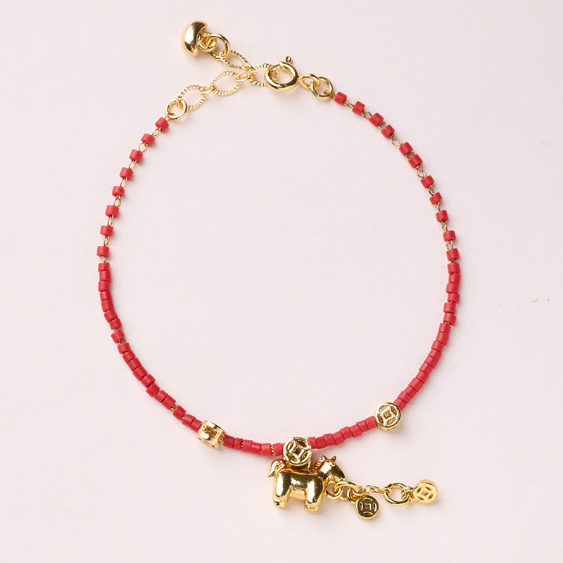 Wear FengShui 925 Sterling Silver Plated Gold Year of the Horse Red Liuli Glass Prosperity Bracelet