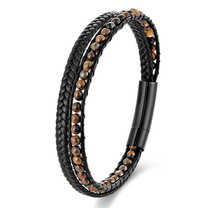 Wear FengShui Tiger Eye Titanium Steel Protection Strengthen Leather Bracelet