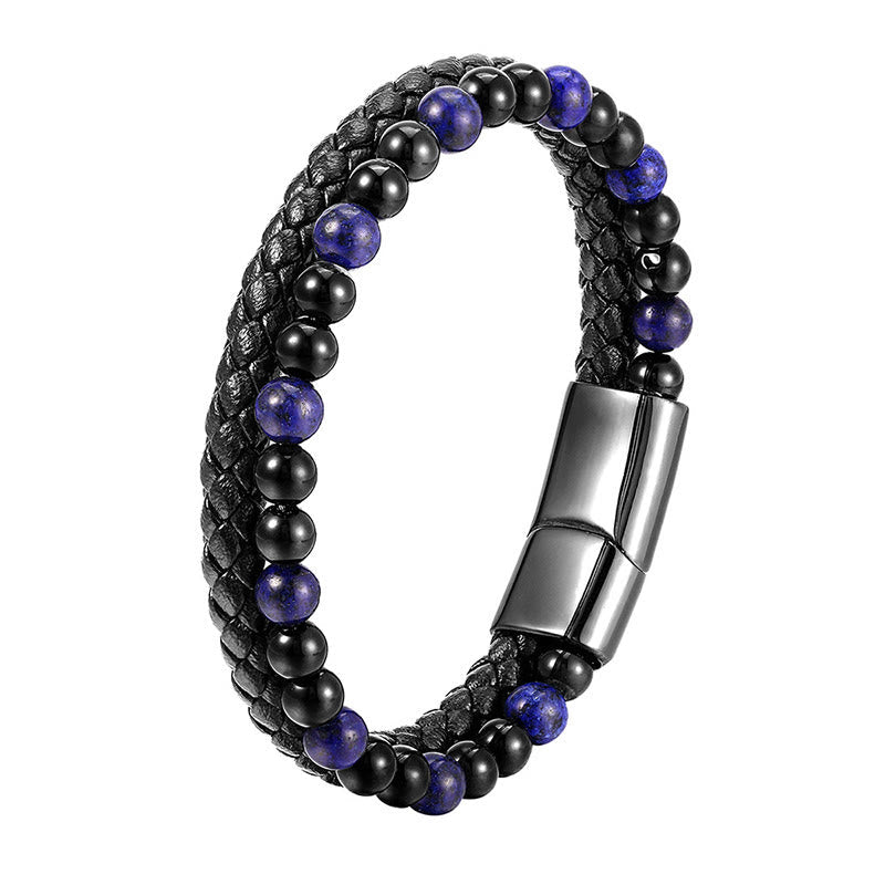 Wear FengShui Black Onyx Lazurite Lapis Lazuli Titanium Steel Positive Self Care Leather Bracelet