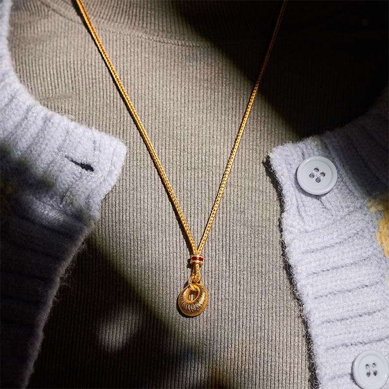 Wear FengShui 24k Gold Plated Copper Peace Buckle Texture Wealth Necklace Pendant