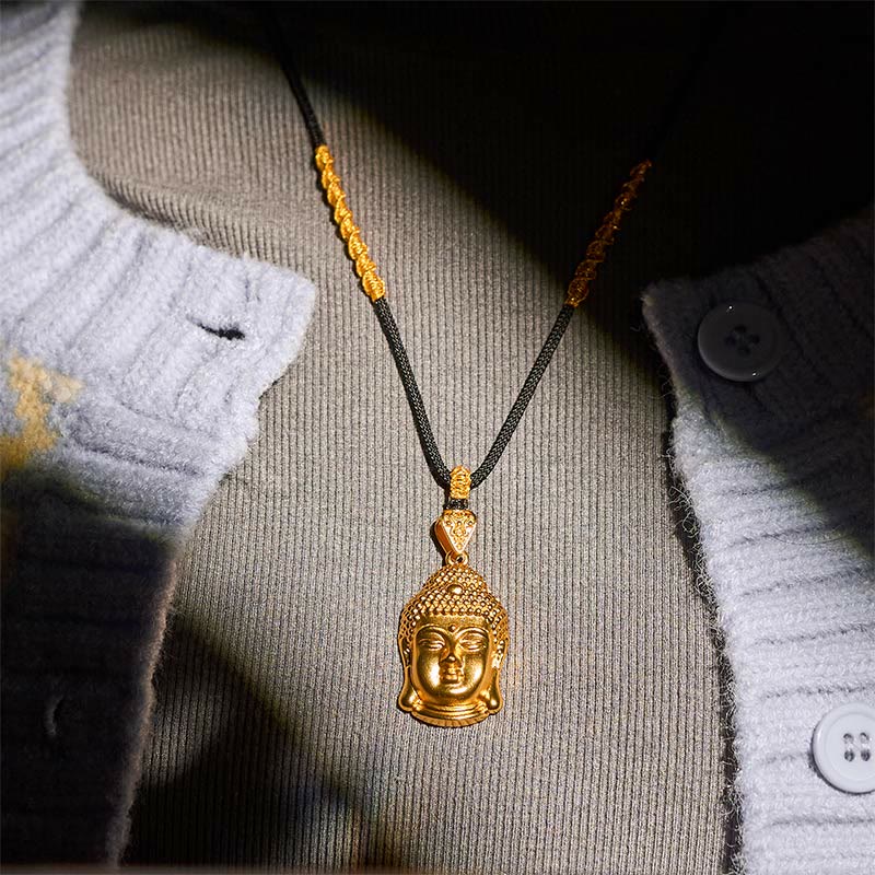 Wear FengShui 24k Gold Plated Brass Buddha Symbol Braided Cord Serenity Necklace Pendant