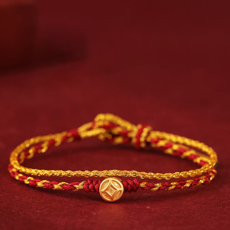 Wear FengShui 999 Gold Beads Copper Coin Double Wrap Golden Red String Connection Braided Bracelet