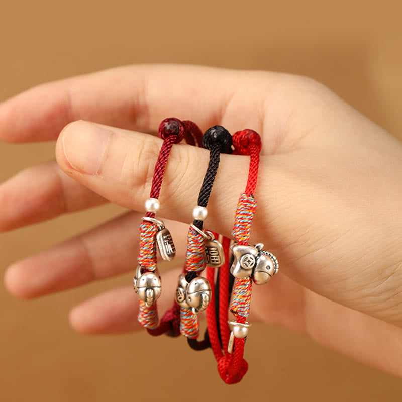 Wear FengShui 999 Sterling Silver Year Of The Horse Fu Character Charm String Braided Luck Bracelet