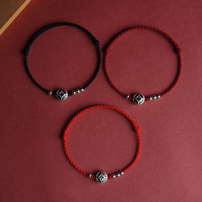 Wear FengShui 999 Sterling Silver Copper Coin Charm Handmade String Strength Bracelet Anklet