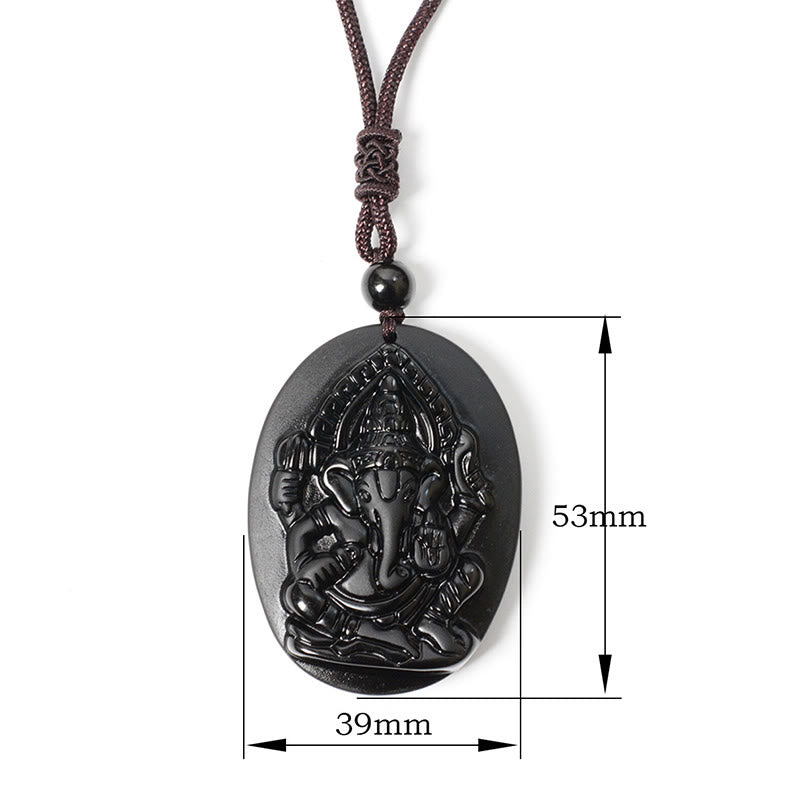 Wear FengShui Ganesh Elephant Relief Design Natural Black Obsidian Strength Necklace Pendant