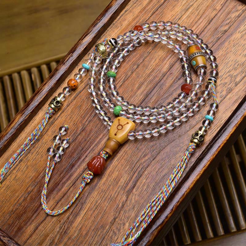 Wear FengShui 108 Beads Liuli Crystal Dzi Bead Agate Blessings Tassel Mala