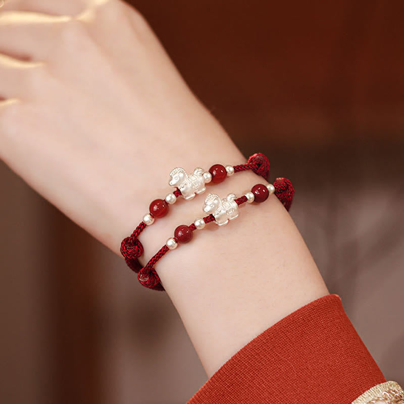 Wear FengShui 999 Sterling Silver Red Agate Year Of The Horse Prosperity String Bracelet