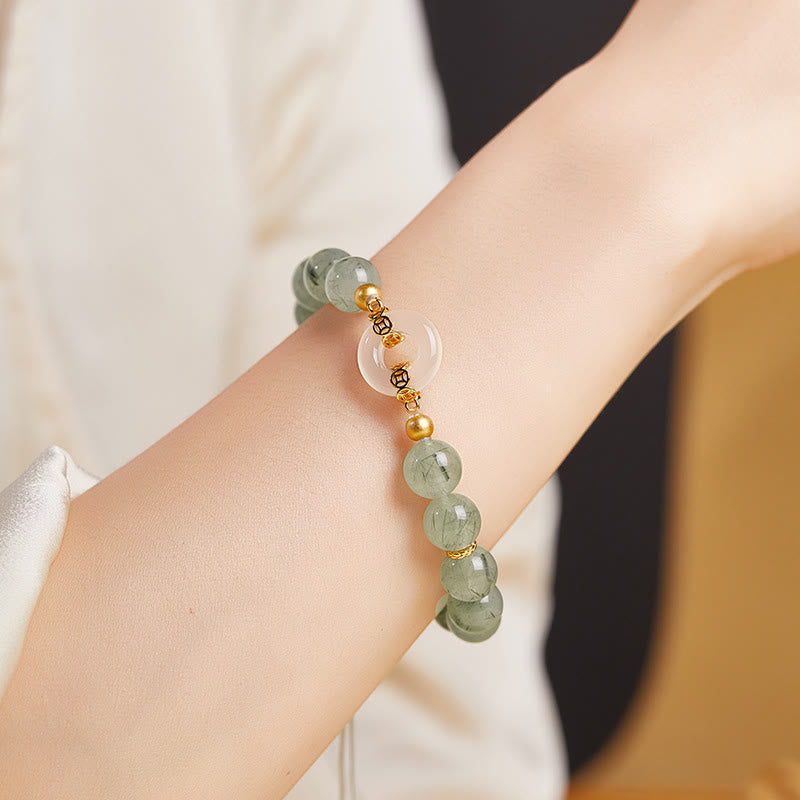 Wear FengShui 925 Sterling Silver Green Rutilated Quartz White Chalcedony Peace Buckle Courage Bracelet