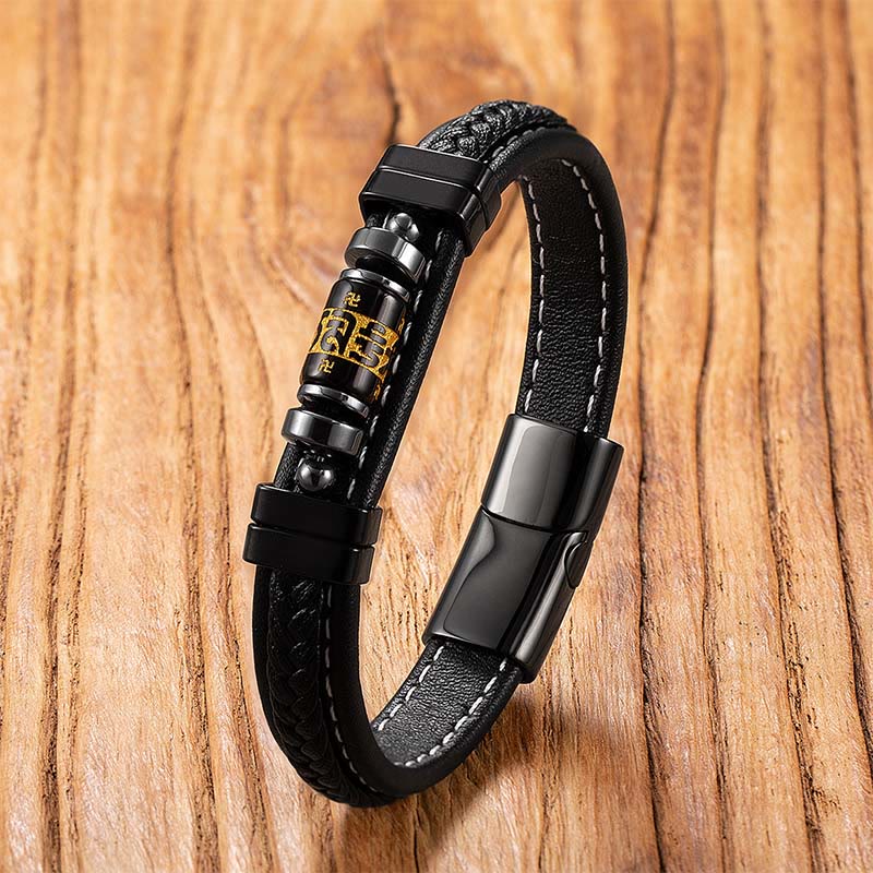 Wear FengShui Om Mani Padme Hum Dragon Symbol Black Onyx Leather Titanium Steel Balance Protection Bracelet