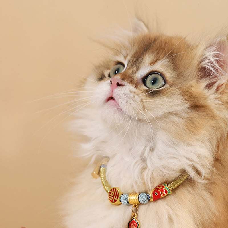 Wear FengShui Metal Pendant Red String Peace Joy Blessing Protection Adjustable Cats Small Dogs Pet Collar