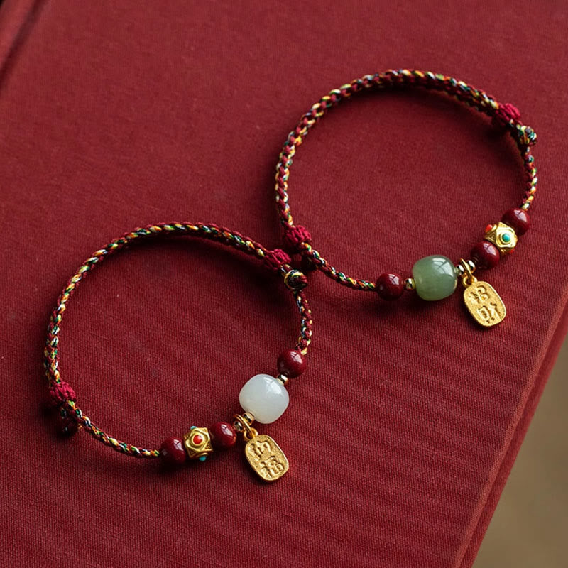 Wear FengShui Lucky Fortune Charm Hetian Cyan Jade White Jade Multicolored Braided String Prosperity Bracelet