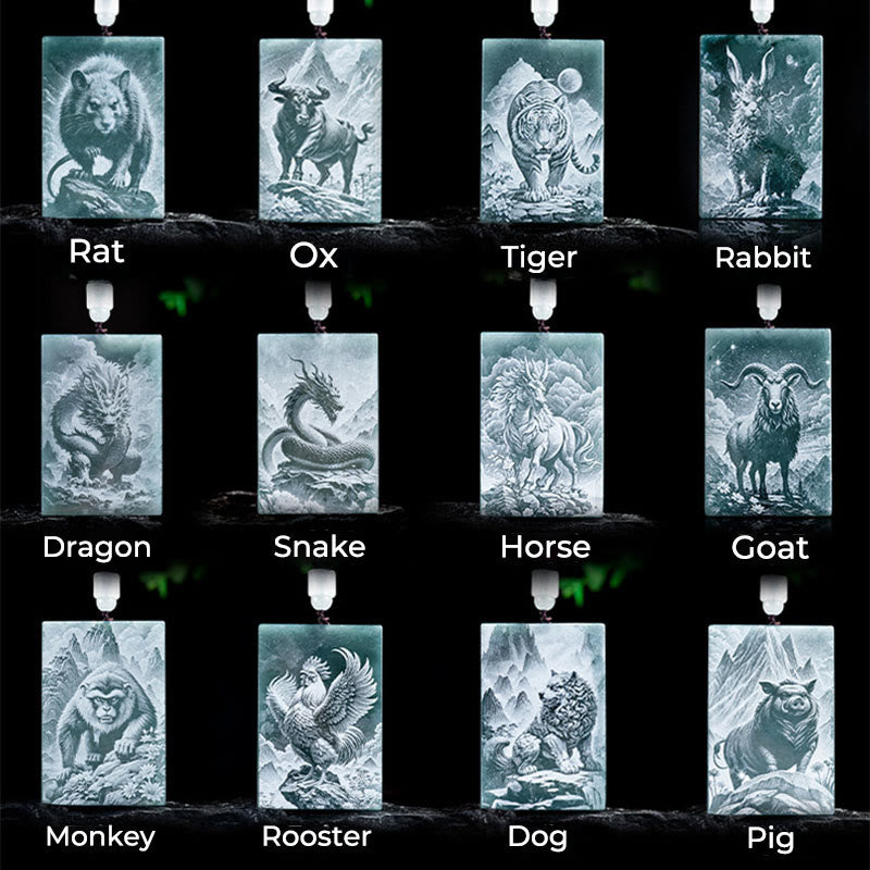 Wear FengShui Year Of The Horse Chinese Zodiac Engraving Jade Abundance Necklace Pendants