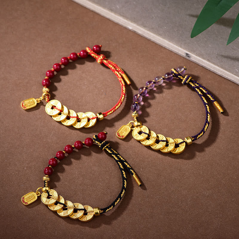 Wear FengShui Five-Emperor Coins Copper Amethyst Cinnabar Black Red String Balance Attract Fortune Bracelet