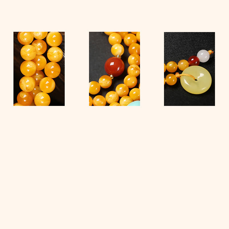 Wear FengShui 108 Beads Peace Buckle Lucky Cat Amber Auspicious Fortune Mala