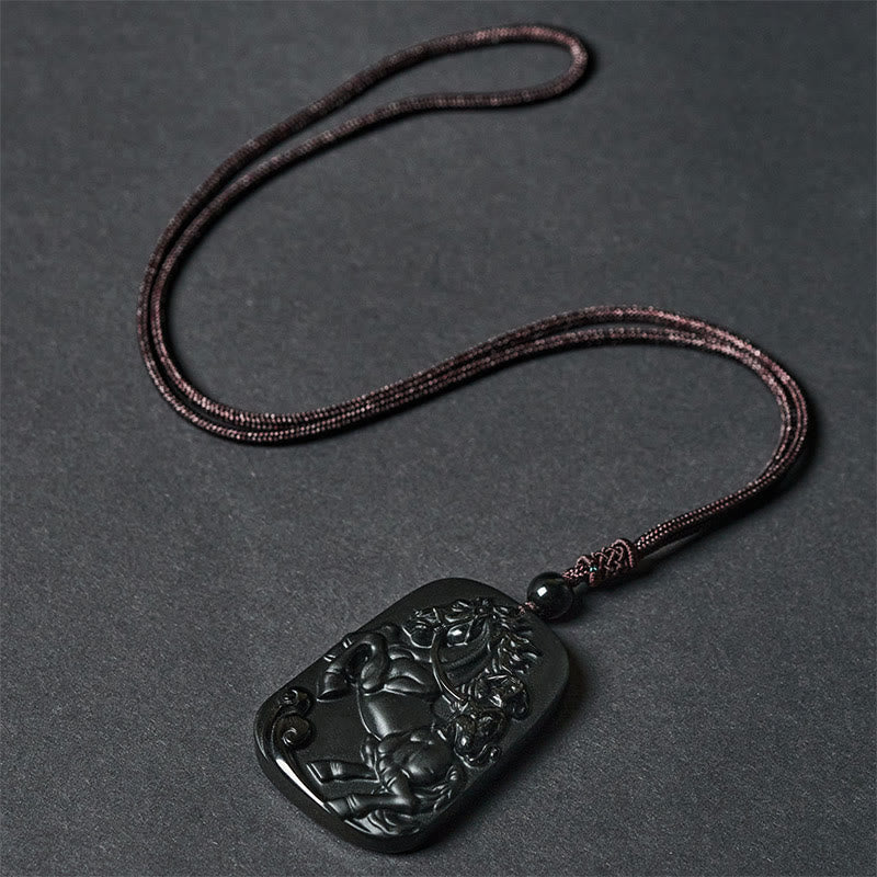 Wear FengShui Year of the Horse Monkey Pattern Om Mani Padme Hum Black Obsidian Strength Necklace Pendant