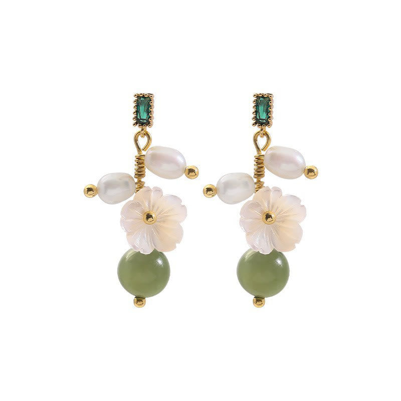 Wear FengShui Hetian Jade Pearl Bead Flower Prosperity Abundance Earrings