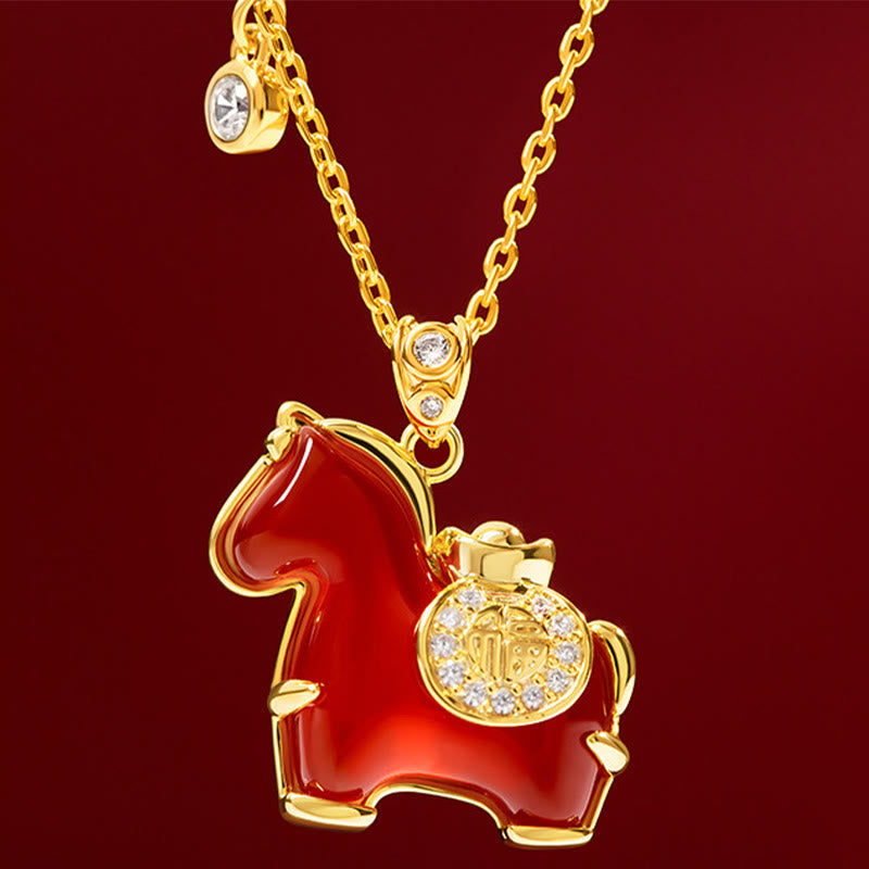 Wear FengShui Year Of The Horse Red Agate Fu Character Confidence Necklace Pendants