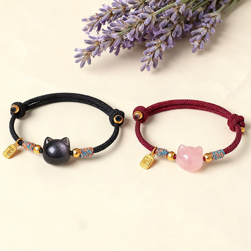 Wear FengShui Cat Fu Character Silver Sheen Obsidian Pink Crystal String Protection Bracelet