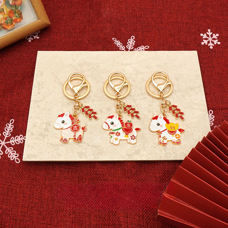 Wear FengShui "Hoping You Have a Joyful Year" Year of the Horse Ingot Red Firecrackers Alloy Key Chain Includes Gift Message Card
