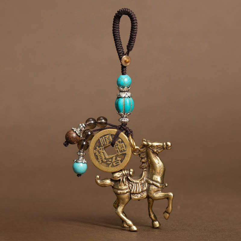 Wear FengShui Year Of The Horse Copper Brass Five-Emperor Coins Om Mani Padme Hum Protection Key Chain