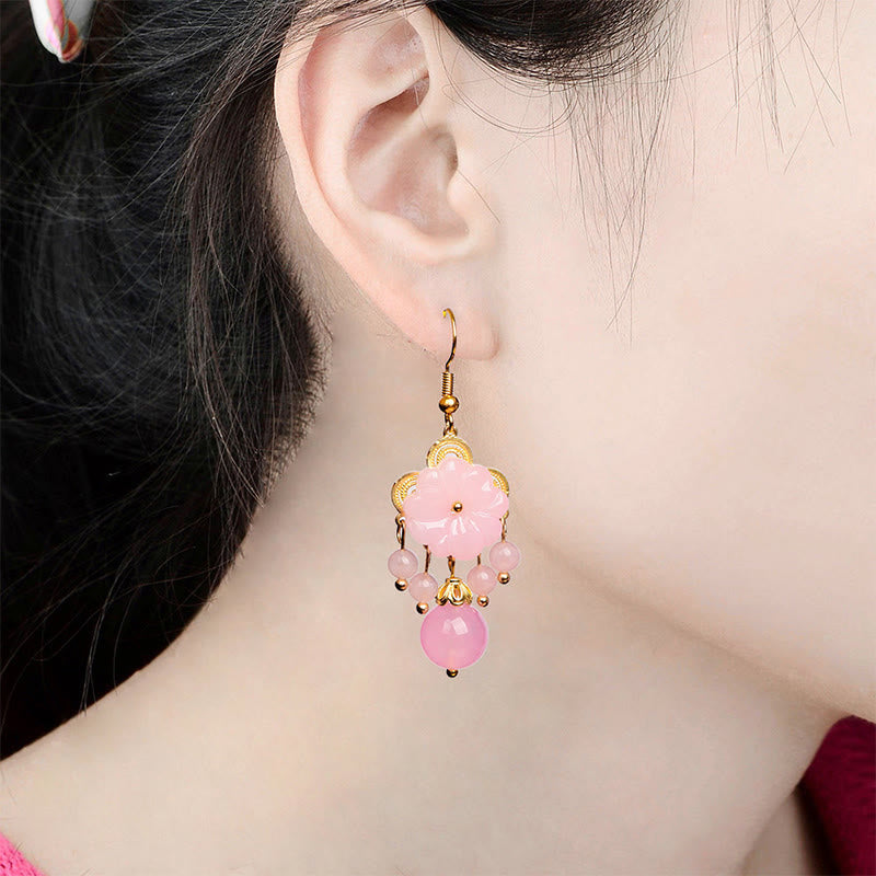 Wear FengShui Green Pink Flower Liuli Glass Drop Earrings
