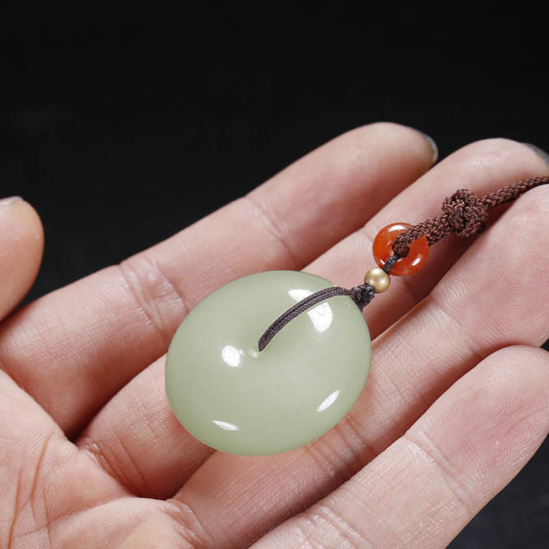 Wear FengShui Round Hetian White Jade Peace Buckle Blessing Necklace Pendant