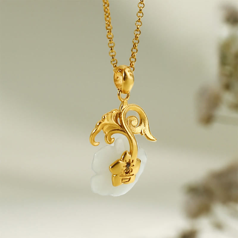 Wear FengShui Hetian Jade Flower 925 Sterling Silver Luck Necklace Pendant