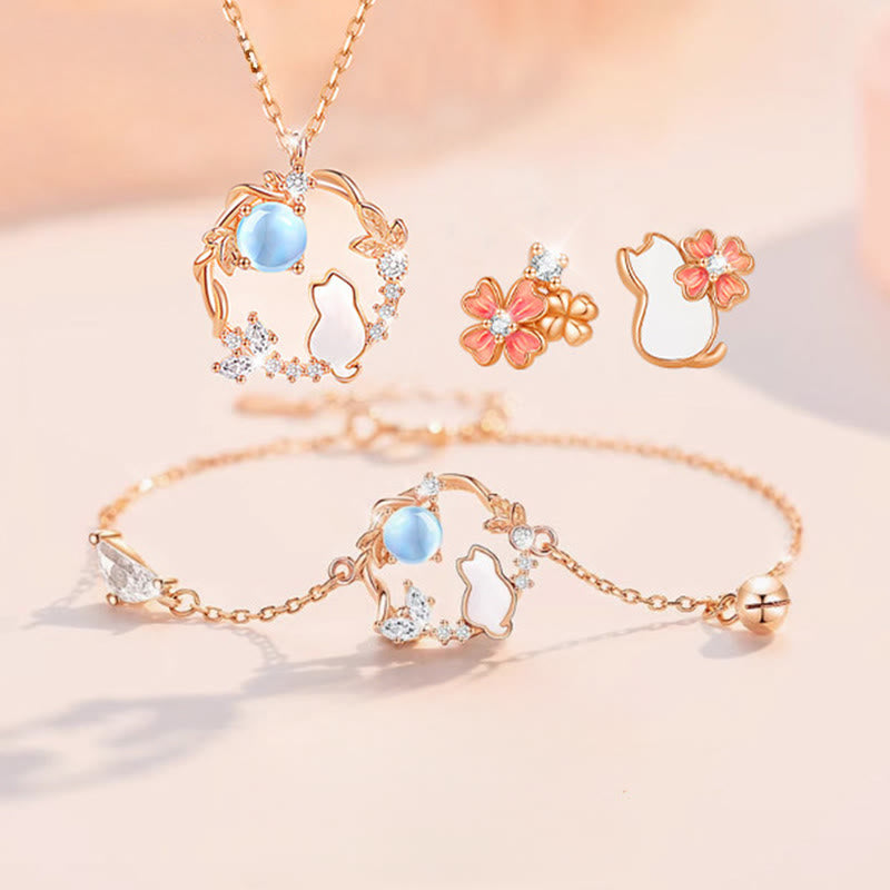 Wear FengShui 925 Sterling Silver Cat Flower Blessing Earrings Bracelet Necklace Pendant