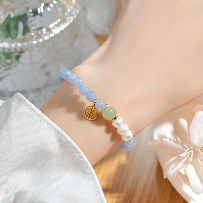Wear FengShui Blue Chalcedony Pearl Beads Energy Bracelet