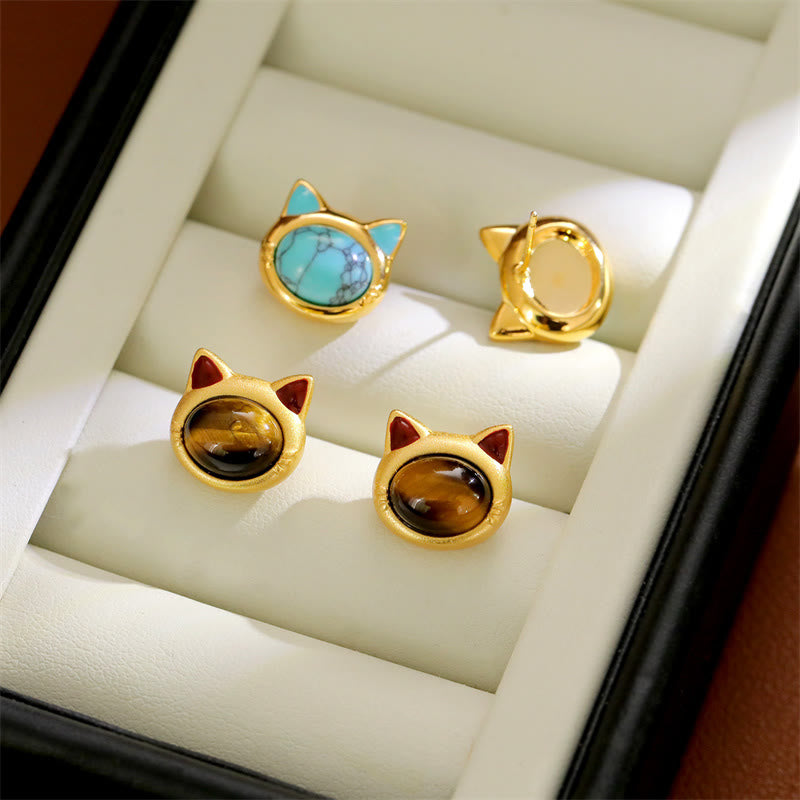 Wear FengShui Turquoise Tiger Eye Cat Head Design Copper Protection Stud Earrings