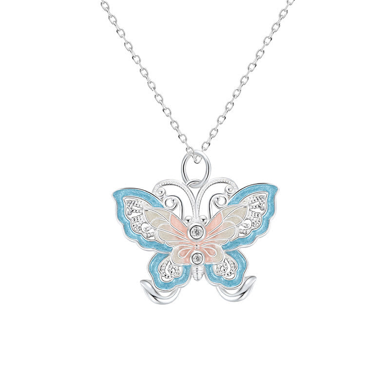 Wear FengShui 999 Sterling Silver Butterfly Blue Enamel Protection Necklace Pendant