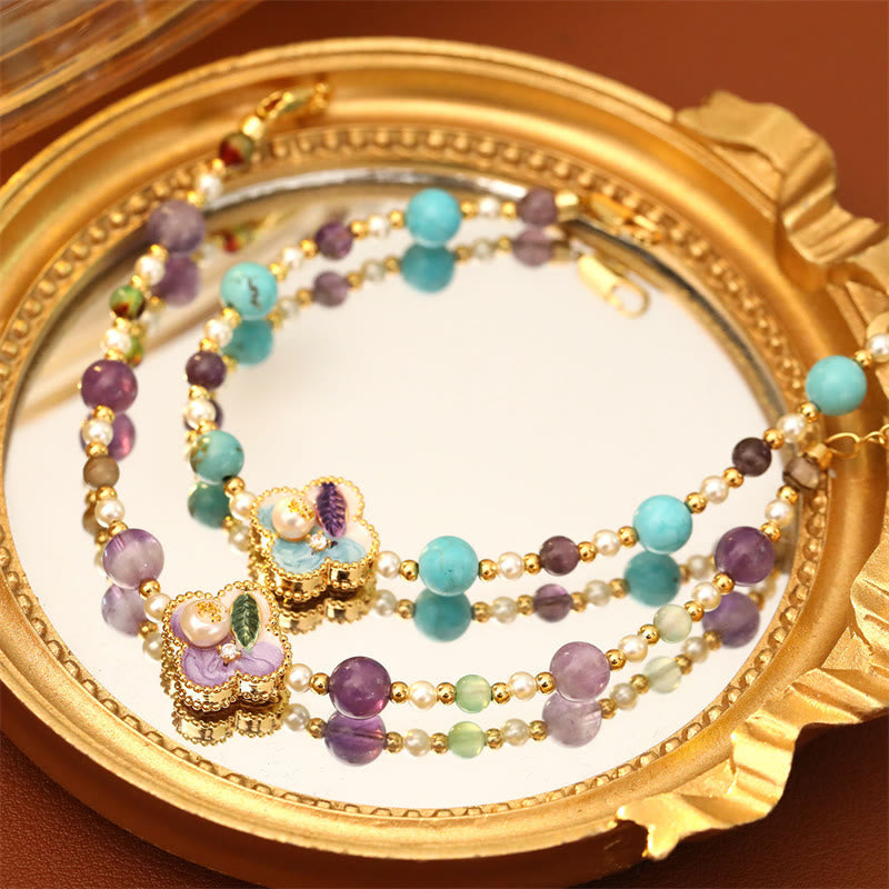 Wear FengShui Pearl Turquoise Beads Flower Design Copper Luck Chain Bracelet